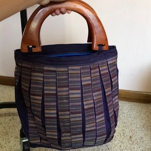 Vintage 1970s cotton Bucket Bag with Wooden Handles, 70s Boho Wooden Bag